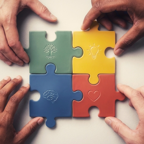 Four puzzle pieces joining together representing value and teamwork
