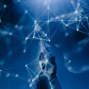 Governing AI AI robot reaching out towards cluster of cyber connections